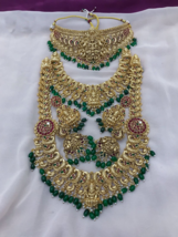 Indian Gold Plated Bollywood Style Temple Nakasi Green Necklace Red Jewelry Set - £74.26 GBP