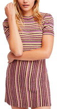 Free People Mini Dress Large 10 12 Pink Yellow Retro Cool Shimmer Knit Stretch - $66.48