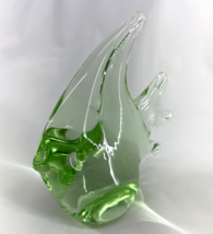 Vintage Green Angel Fish Handblown Art Glass Clear Figurine Paperweight - £12.59 GBP