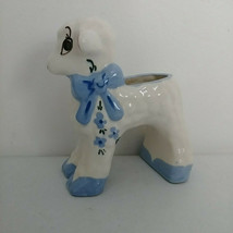 Ceramic Lamb Planter Light Blue Bow Dark Blue Eyes Baby Shower Gift Vintage - £26.73 GBP