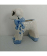 Ceramic Lamb Planter Light Blue Bow Dark Blue Eyes Baby Shower Gift Vintage - £26.53 GBP