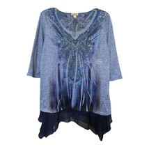 One World Live And Let Live Womens Blue Embellished 3/4 Sleeve Top Size Small - £7.85 GBP