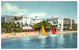 Low Aerial View Moana Hotel Catamarans Waikiki Hawaii Postcard 1960 - £6.30 GBP