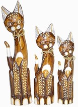 Large Hand Carved Beautiful Set of 3 Wood Brown Cats 20", 16", 14" Pet Lover Fin - £25.92 GBP