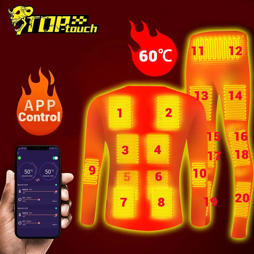 Winter 20 Zones Heated Underwear Suit Smart Phone APP Control Temperature USB - £39.61 GBP+