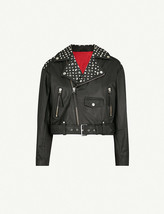 Women&#39;s Black Magnificent Leather Handcrafted Silver Star Studded Belted Jacket - £154.17 GBP