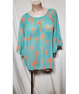 Large R. ROGUE 3/4 Turquoise Orange Cross Sheer Shirt Western Rodeo Bell... - £8.67 GBP