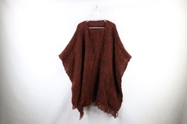 Vtg 60s Boho Chic Womens OSFA Fringed Crochet Wool Knit Festival Poncho Sweater - £77.80 GBP
