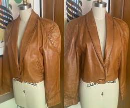 Vtg ALAN MICHAEL Leather Jacket Women Sz S crop caramel brown - £151.85 GBP