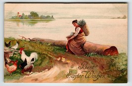Easter Postcard Rooster Hen Baby Chicks Women Seated On Log Basket Germany 1909 - £11.07 GBP