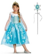 Girls Elsa Disney Princess Frozen Dress Tiara Wand 3 Pc Halloween Costume- 10/12 - £23.74 GBP