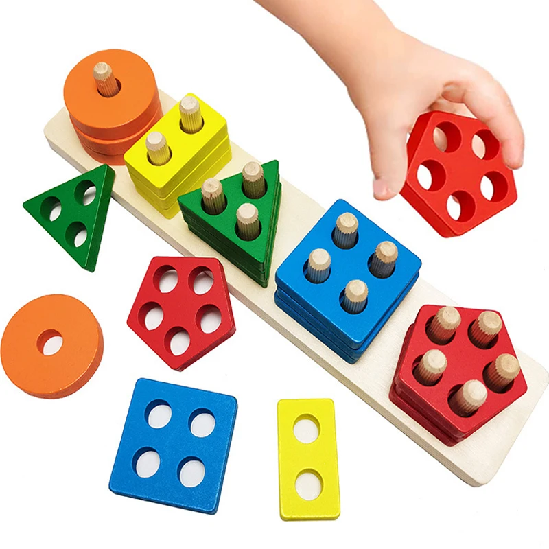 Children Wooden Toys Montessori Geometric Shape Match Blocks Pillar - £41.29 GBP+