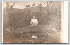 RPPC Edwardian Young Woman Posing With Her Cat On A Fallen Tree Postcard F47 - $14.95