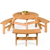 Picnic Table 6-Person Circular Wooden Picnic Table W/Umbrella Hole 3 Benches - £229.03 GBP