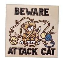 Earthtones &quot;Beware Attack Cat&quot; Tile Trivet Ceramic 6&quot; Square 1999 Hangable  - $18.16