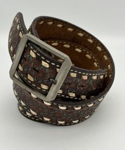 Vintage Justin Size 42 Leather Belt Tooled Embossed Brown Silvertone Buckle - £17.74 GBP