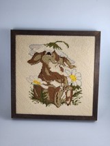 Completed &amp; Framed Needlepoint Bunny Rabbits Wearing Flower for Hat 1980s - £18.44 GBP