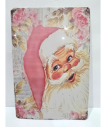 Christmas Vintage Style Shabby Chic Pink Santa Claus Tin Wall Sign - $21.77