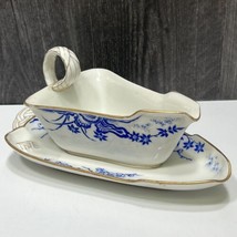 Antique Haviland Limoges Blue White Triangle Gravy Sauce Boat w Under Plate Rope - £45.89 GBP