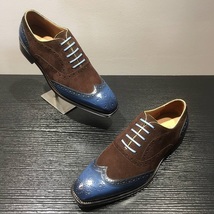 New Men Handmade Suede Leather Blue &amp; Brown Wing Tip Oxfords Lace Up Shoes  - $159.00