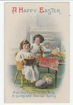 Vintage Postcard A Happy Easter Children Eggs Bunny Toy on Table Unused - £7.88 GBP