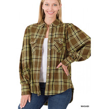 Buttoned down plaid checkered dress shirt   Puff sleeve Hi-Low hem shirt - Wasab - £24.78 GBP