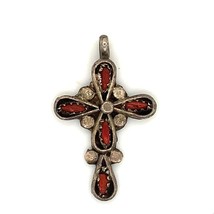 Vintage Sterling Native American Zuni Petite Coral Stone Cross Charm Pendant - £35.72 GBP