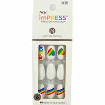 NEW Kiss Nails Impress Press On Manicure Medium Coffin Gel White Rainbow Pride - £13.49 GBP