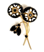 Vintage Flower Brooch Rhinestone Prong Black And White Floral Spray Pin ... - €29,18 EUR