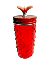 Pioneer Woman Red Glass Hobnail Design Jar Pink Butterfly Knob Lid 7-in ... - $28.05