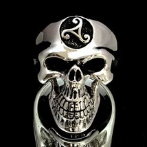 Sterling silver ring Celtic Water Triad symbol Triskele on Grinning Skull high p - £90.22 GBP