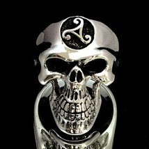 Sterling silver ring Celtic Water Triad symbol Triskele on Grinning Skull high p - £91.65 GBP