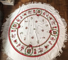 Christmas tablecloth round vintage carolers food  snowflakes holly vintage MCM - £25.76 GBP