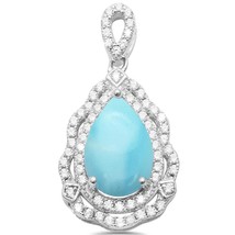 Sterling Silver Natural Larimar &amp; Cubic Zirconia Pear Shaped Pendant - $818.62 MXN