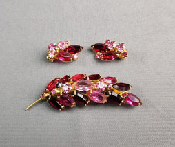 Juliana Brooch &amp; Clip-on Earrings D&amp;E Vintage Pink &amp; Red Navette Rhinestones - £78.19 GBP