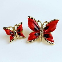 2 Vintage Goldtone Red & Black Enamel Rhinestone Butterfly Pin Brooch Jewelry