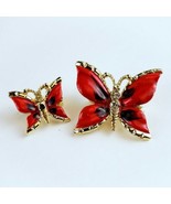 2 Vintage Goldtone Red &amp; Black Enamel Rhinestone Butterfly Pin Brooch Je... - £12.78 GBP