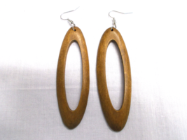 Golden Brown Blonde Color Wood Dangling Long Oval Hoop Style 4&quot; Overall Earrings - £6.31 GBP