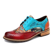 Women Genuine leather brogue casual designer vintage Retro lady flats shoes hand - £87.52 GBP