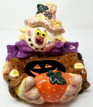 Fall Clown Candy Dish Scarecrow Large Halloween Patchwork Ceramic Hands Open Vtg - £14.98 GBP