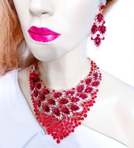 Peacock Feather Necklace, Red Statement Necklace, Necklace Earring Set, Large Cr - £66.97 GBP