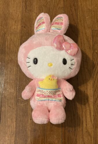 Primary image for Hello Kitty Pink Easter Bunny Plush With Chick In Pocket Sanrio 14 Inches NWOT