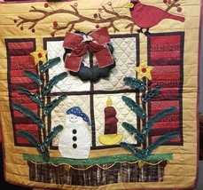 Christmas Window Tapestry Wreath Buttons Winter Snowman Handmade 28&quot; x 26&quot;  - £33.77 GBP