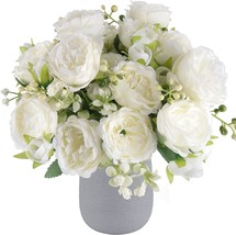 Artificial Peonies Fake Flowers, White Silk Peony Bouquet 4 Bundles for Home - £31.46 GBP