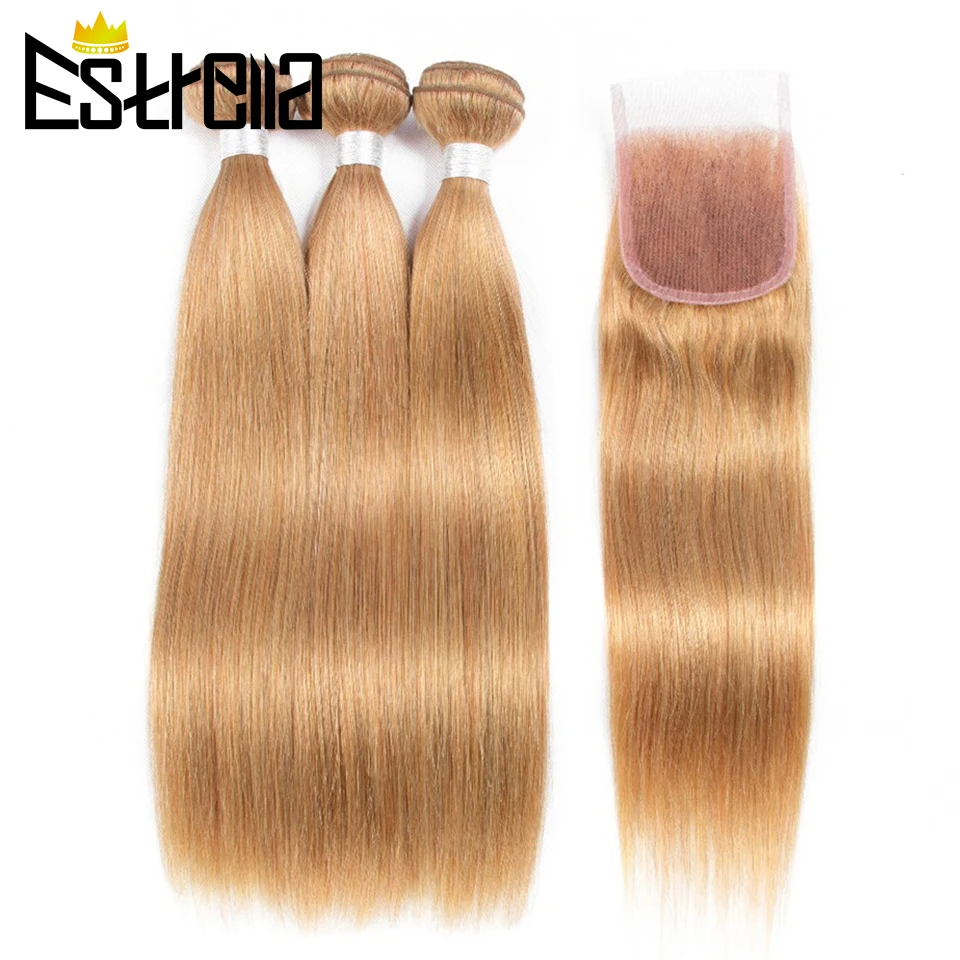 Blonde Hair Bundles with Closure Straight Human Hair #27 Bundles with 4×4 Lace - £90.20 GBP+