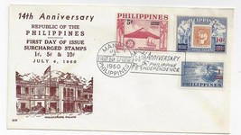 Philippines 1960 FDC 14th Anniv Republic Sc 825 827 828 Surch Thermograph Cachet - $7.99