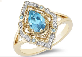 1.10ct Birne Labor Erstellt Blue Topas &amp; Diamant ALADDIN Ring 14k Gelb Vergoldet - £113.39 GBP