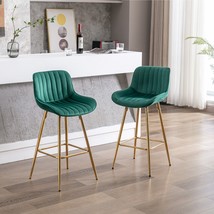 26 Inch Set of 2 Bar Stools,with Chrome Footrest Velvet Fabric - Green - £132.44 GBP