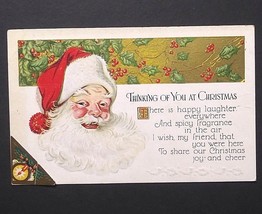 Thinking of You at Christmas Santa Holly Gold Embossed Postcard c1930s - $6.99