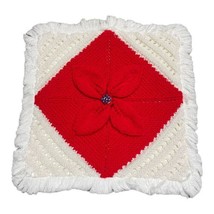 Crochet Handmade Red Flower Throw Pillow Cover Boho Cottage Granny Core 19&quot; VTG - £24.36 GBP